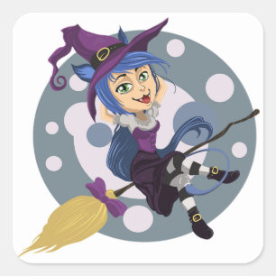 Halloween Classic Round Sticker/Niedliche Hexe Quadratischer Aufkleber