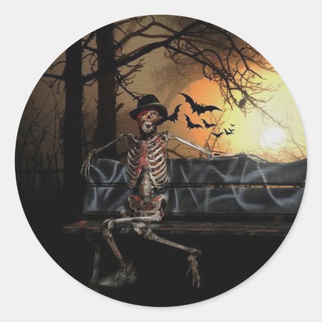 Halloween Classic Round Sticker/Skelett und Fleder Runder Aufkleber (Vorderseite)