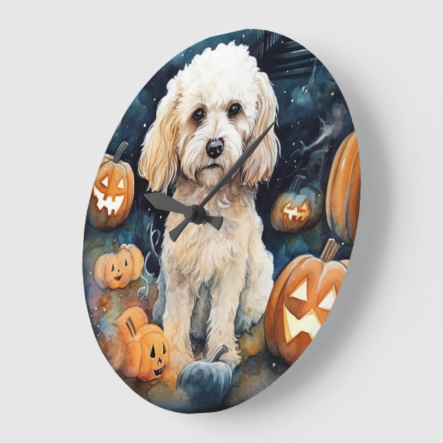 Halloween Cockapoo mit Pumpkins Beängstigend Große Wanduhr (Winkel)