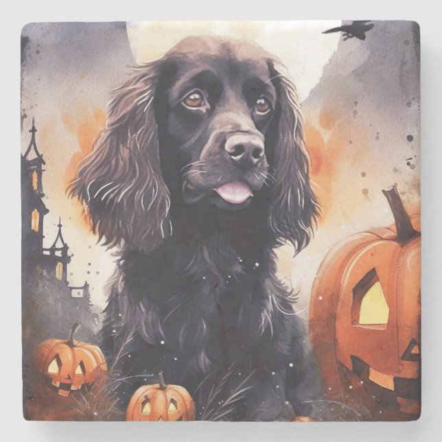 Halloween Cocker Spaniel mit Pumpkins Steinuntersetzer (Vorderseite)