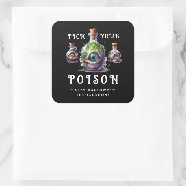 Halloween Cocktail Party Pick Your Poison Quadratischer Aufkleber (Tasche)
