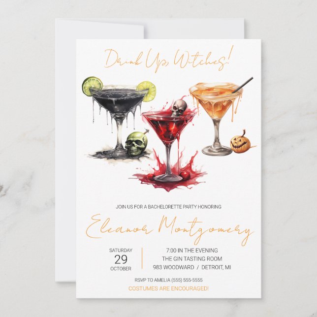 Halloween Cocktails, Drinks, Junggeselinnen-Abschi Einladung (Vorderseite)