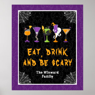 Halloween-Cocktails Lila Damast-Party-Schild Poster