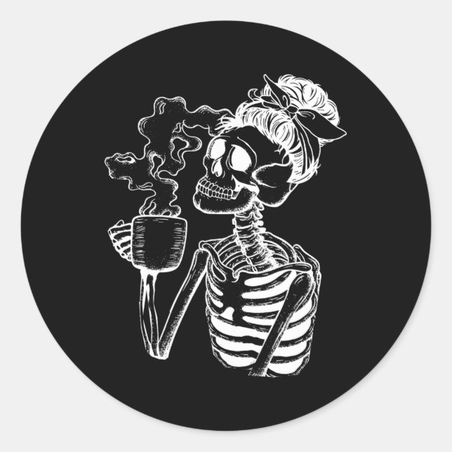Halloween Coffee Drink Skelettlehrer Lazy Di Runder Aufkleber (Vorderseite)