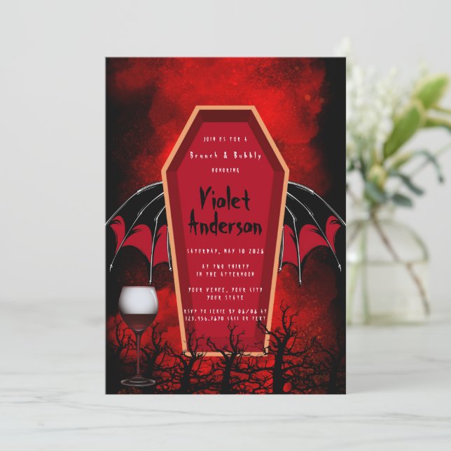 Halloween Coffin Wings Brunch und Bubbly Einladung (Stehend Vorderseite)