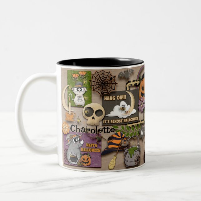 Halloween Collage Add Name Hexenkürbis Kürkin Zweifarbige Tasse (Links)