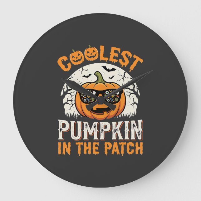 Halloween Coolster Kürbis im Patch-Design Große Wanduhr (Vorderseite)