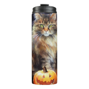 Halloween-Coon-Katze mit Pumpkins Beängstigend Thermosbecher