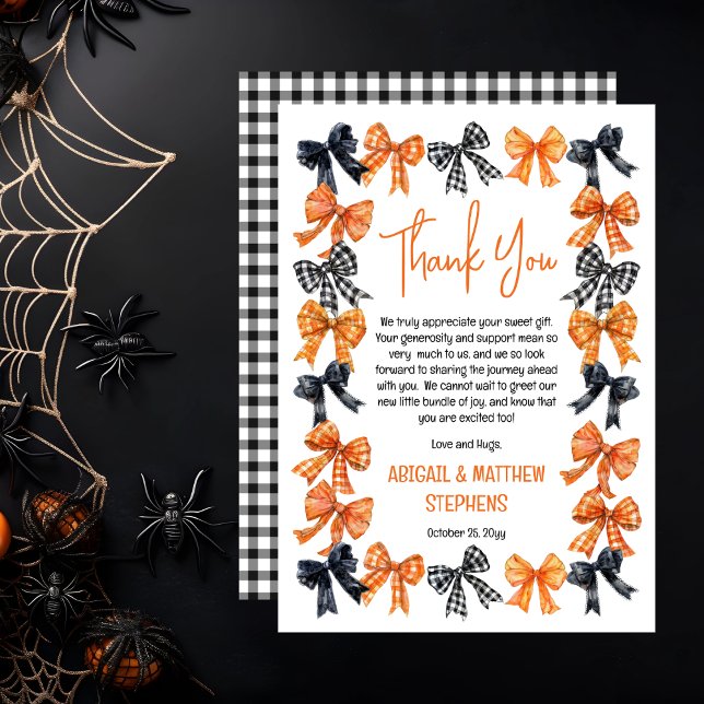 Halloween Coquette Black | Orange Bows Baby Dusche Dankeskarte (Halloween Coquette Black | Orange Bows Girl Baby Shower Thank You Card)