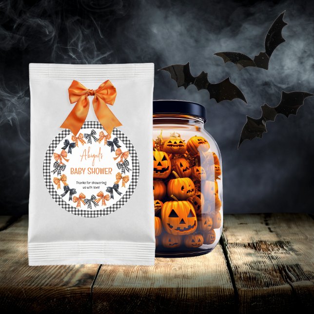 Halloween Coquette Black | Orange Bows Baby Dusche Runder Aufkleber (Halloween Coquette Black | Orange Bows Girl Baby Shower Favor Classic Round Stickers)