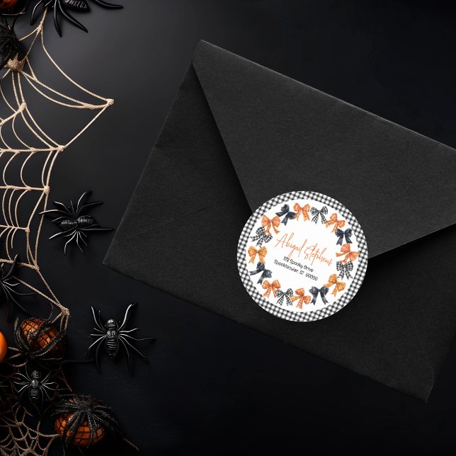 Halloween Coquette Bows Rücksendeadresse Runder Aufkleber (Halloween Coquette Black | Orange Bows Girl Baby Shower Return Address Envelope Seal Round Sticker)