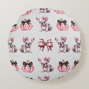 Halloween Coquette Bulldog Bow Kürbis rosa Rundes Kissen