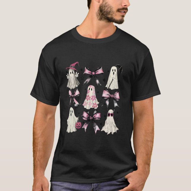 Halloween Coquette Ghosts Pink Bow Black Dark Goth T-Shirt (Vorderseite)