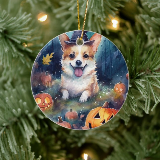 Halloween Corgi mit Pumpkins Beängstigend Keramik Ornament (Baum)