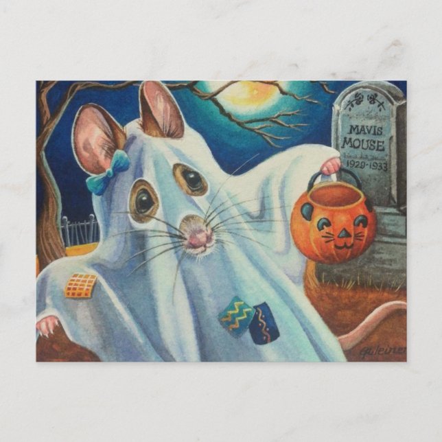 Halloween Costume Ghost Mouse Wasserfarbe Kunst Postkarte (Vorderseite)