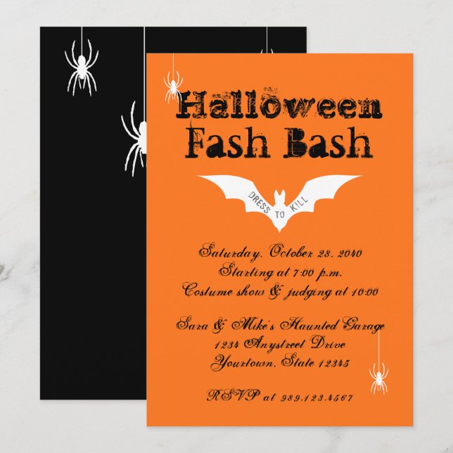 Halloween Costume Party Bats Spiders Orange Black Einladung (Vorne/Hinten)