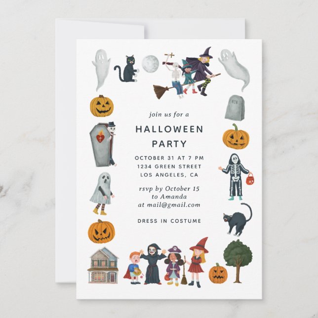 Halloween Costume Party | Cartoon Kinder Spooky Ni Einladung (Vorderseite)