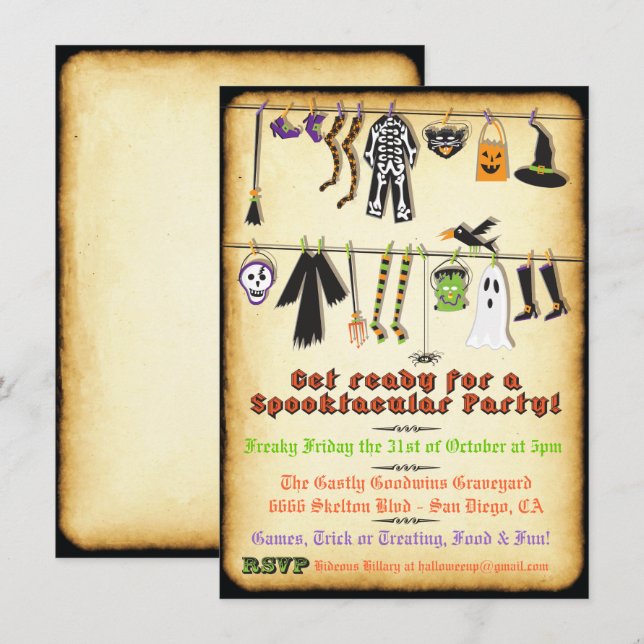 Halloween Costume Party Clothesline Einladung (Vorne/Hinten)