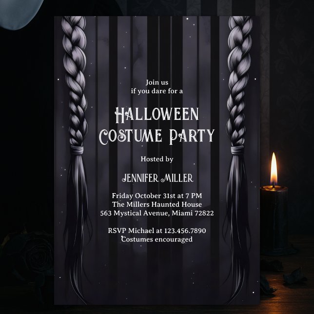 Halloween Costume Party Einladung (Gothic Braids Halloween Costume Party – Dark Academia Black & Gray Template)