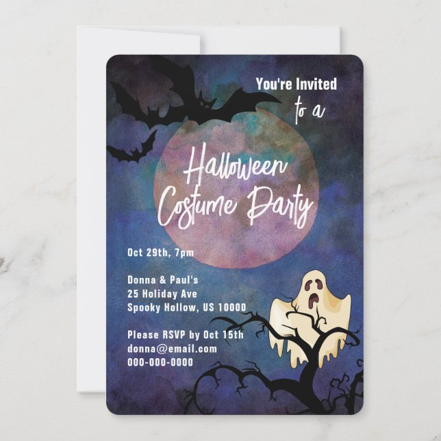 Halloween Costume Party, Moon & Ghost Einladung (Rückseite)