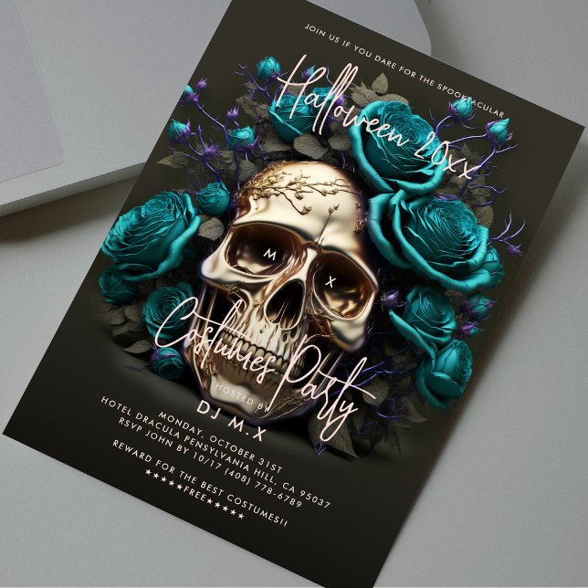 Halloween Costume Party Skull Aquamarin Blue Moder Einladung (Halloween Costume Party Skull Teal Blue Modern Invitation
)
