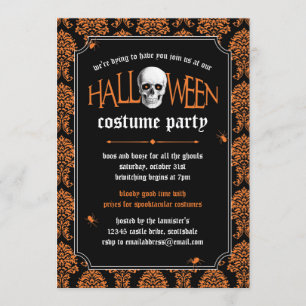 Halloween Costume Party Skull auf Orange Damask Einladung