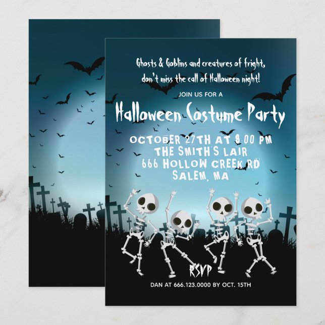 Halloween Costume Party tanzt Skelette Einladung (Vorne/Hinten)