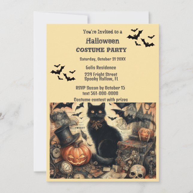 Halloween Costume Party Vintag Black Cat Einladung (Vorderseite)