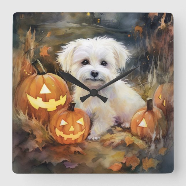 Halloween Coton De Tulear mit Pumpkins Beängstigen Quadratische Wanduhr (Vorderseite)