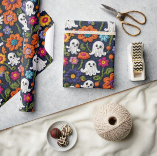 Halloween Crochet Style Ghosts und Blume Geschenkpapier