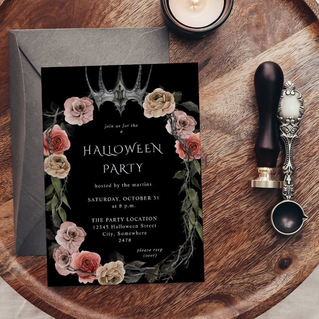 Halloween Crown Pink & Black Floral Halloween Einladung (Von Creator hochgeladen)