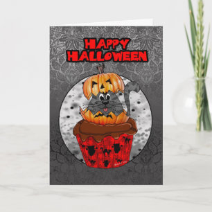 halloween cupcake cat, grau tabby in einem hallowe karte