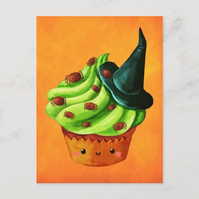 Halloween Cupcake voller kleiner Spinnen Postkarte (Vorderseite)