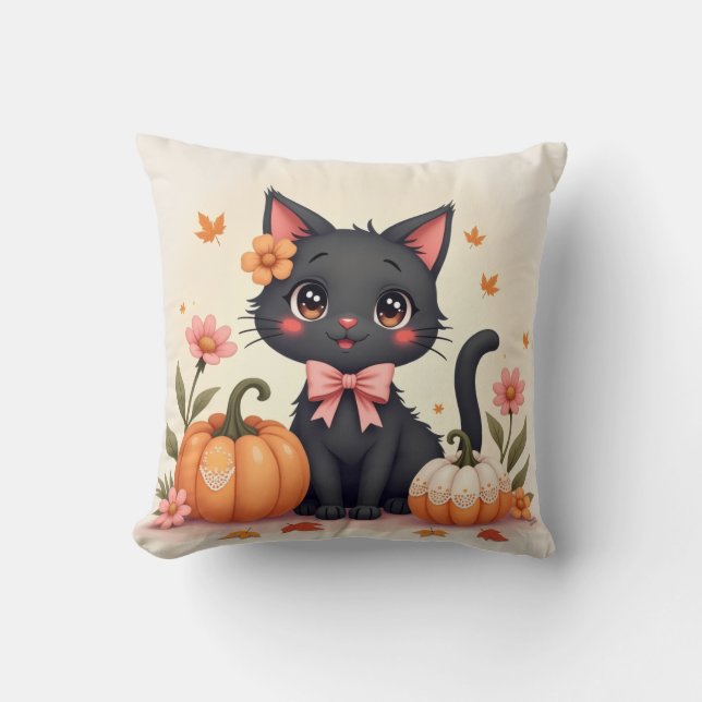 Halloween Cushion Niedlich Black Cat mit Pumpkins Kissen (Vorderseite)