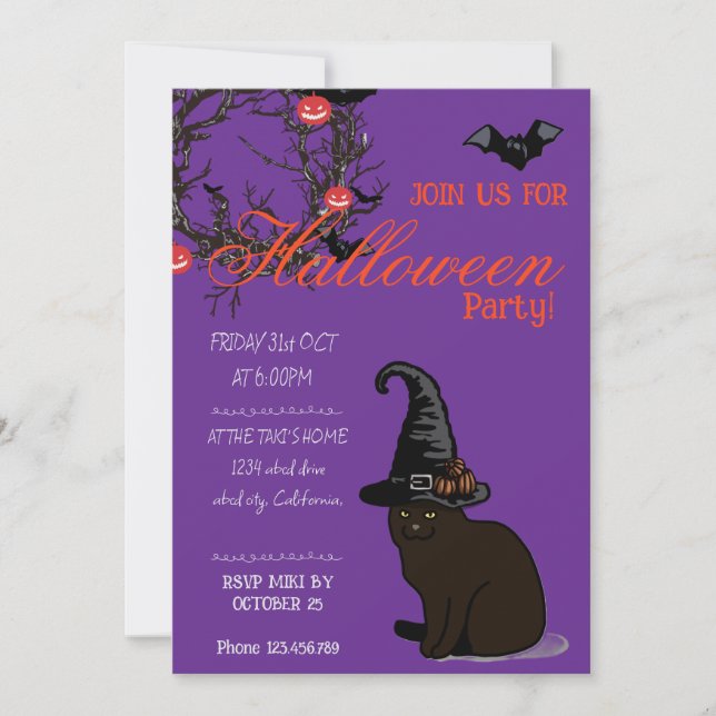 Halloween Custom Whimsical Funny Cat Lila Einladung (Vorderseite)