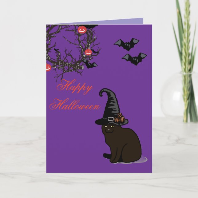 Halloween Custom Whimsical Funny Cat Lila Karte (Vorderseite)