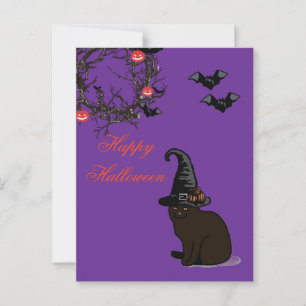 Halloween Custom Whimsical Funny Cat Lila Postkarte