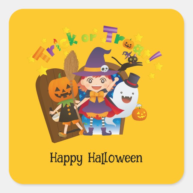 Halloween Custom Whimsical Niedlich Hexenmädchen Quadratischer Aufkleber (Vorderseite)