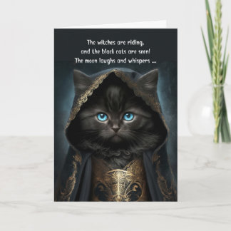 Halloween Cute Black Cat in a Witch Cape with Poem Feiertagskarte