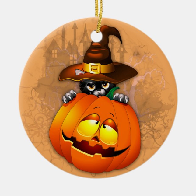 Halloween Cute Kitty Witch and Pumpkin Friend  Keramik Ornament (Vorne)