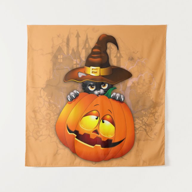 Halloween Cute Kitty Witch and Pumpkin Friend   Wandteppich (Vorderseite)
