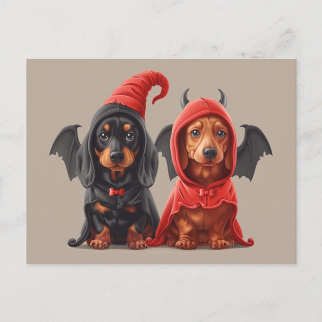 Halloween Dackel Hunde Devil Bat Postkarte (Vorderseite)