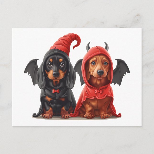 Halloween Dackel Hunde Devil Bat Postkarte (Vorderseite)