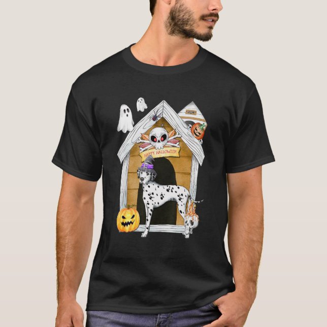 Halloween Dalmatian Dog Witch Haunted House T-Shirt (Vorderseite)