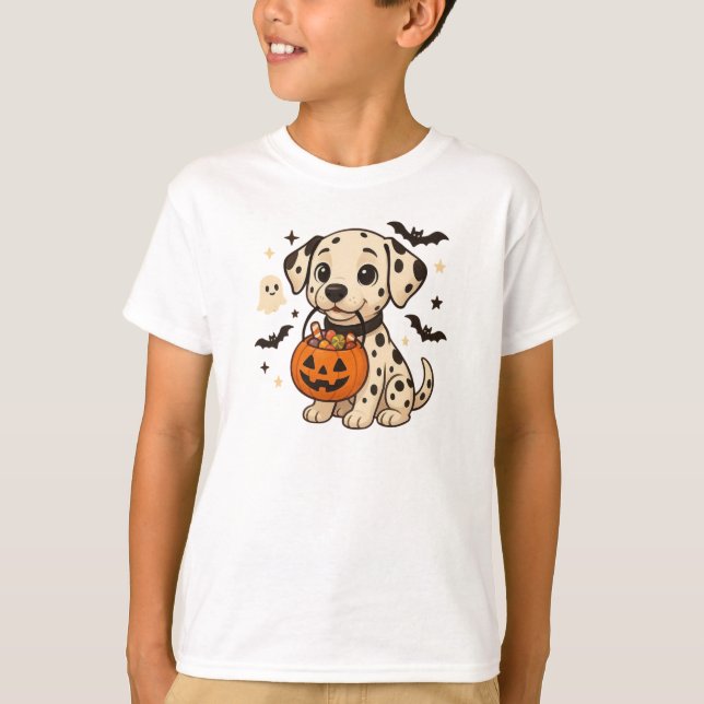 Halloween Dalmatiner Dog Trick oder Tree T-Shirt (Vorderseite)