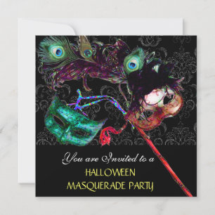 HALLOWEEN DAMASK MASQUERADE PARTY Schwarz Blau Einladung