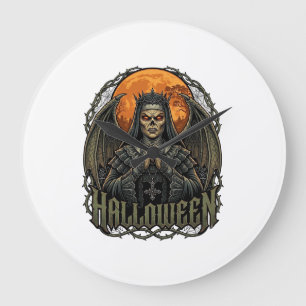 Halloween-Dämonen-Nonne-Krone-Flügel-Orange-Mond_1 Große Wanduhr