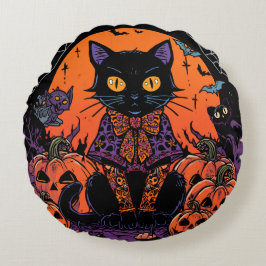 Halloween,Der Kürbisfeld-Streuner ,Schwarze Katze Rundes Kissen
