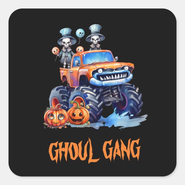 Halloween des Niedlichen Monster-Lkw-Skeletts Quadratischer Aufkleber (Vorderseite)