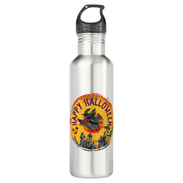 Halloween Design Happy Halloween Hexe Edelstahlflasche (Vorderseite)